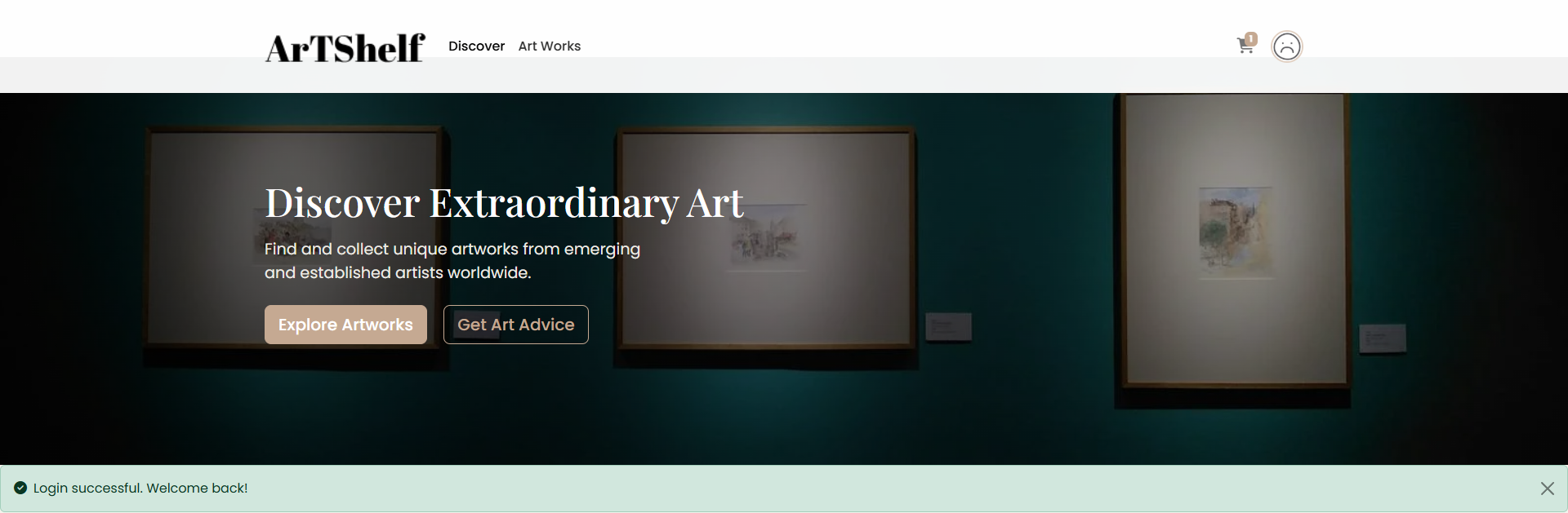 art marketplace website interface, modern web design,
                    artist portfolios, e-commerce platform for art